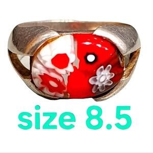 Alan K millefiori murano art glass Fine jewelry  sterling silver ring size 8.5